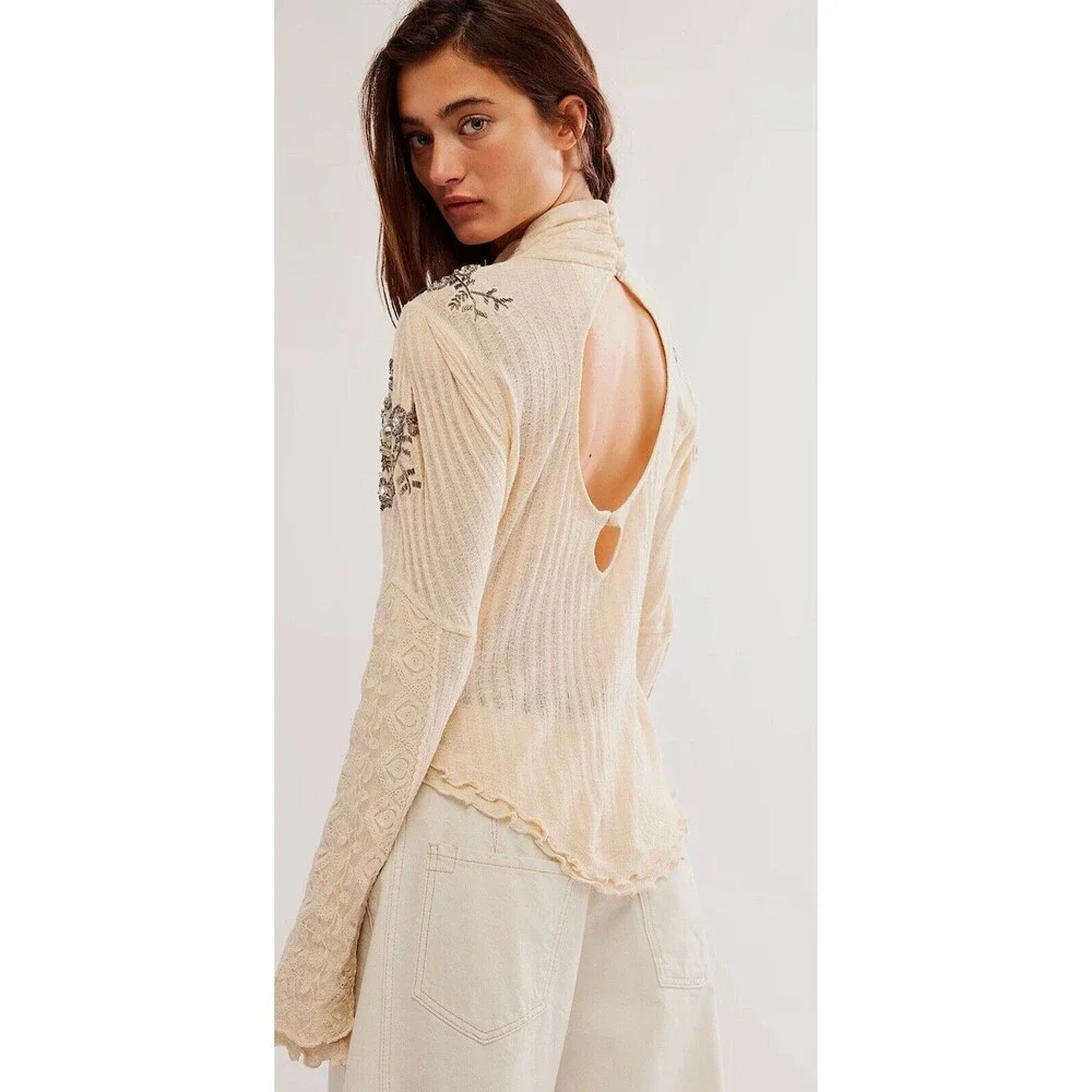 Free People Top Ivory High Maintenance Ballet Blouse Preppy Boho Jewel Sz M New